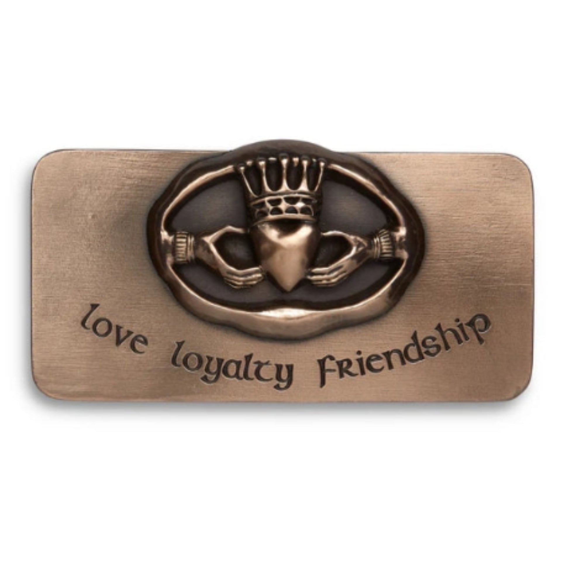 A bronze plaque with an embossed claddagh above by the engraved words 'love', 'loyalty', 'friendship'.