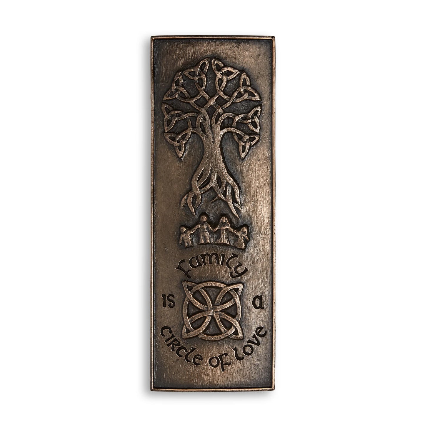 Bronze plaque with embossed tree, figures, and celtic knot circle. Engraved with the words, "family is a circle of love."