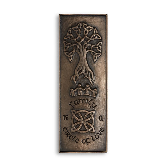 Bronze plaque with embossed tree, figures, and celtic knot circle. Engraved with the words, "family is a circle of love."