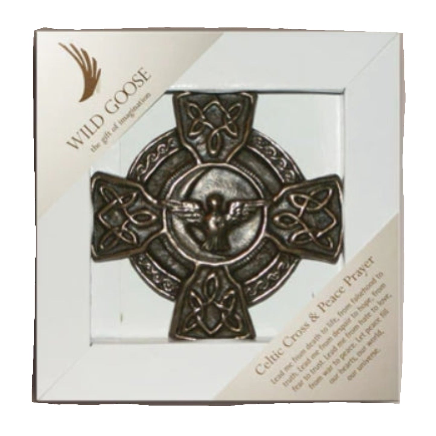 A bronze Celtic cross with an angel and celtic knotwork inside