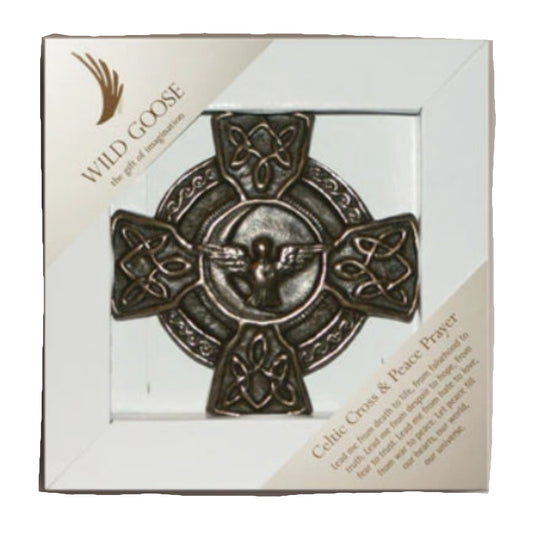 A bronze Celtic cross with an angel and celtic knotwork inside