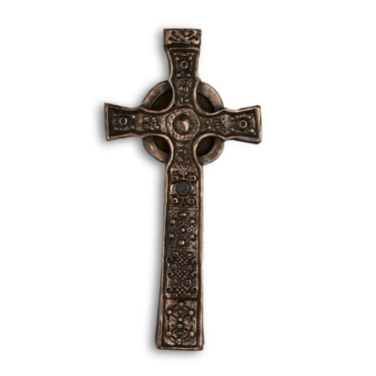 Bronze Celtic cross with intricate designs embossed and engraved along the arms