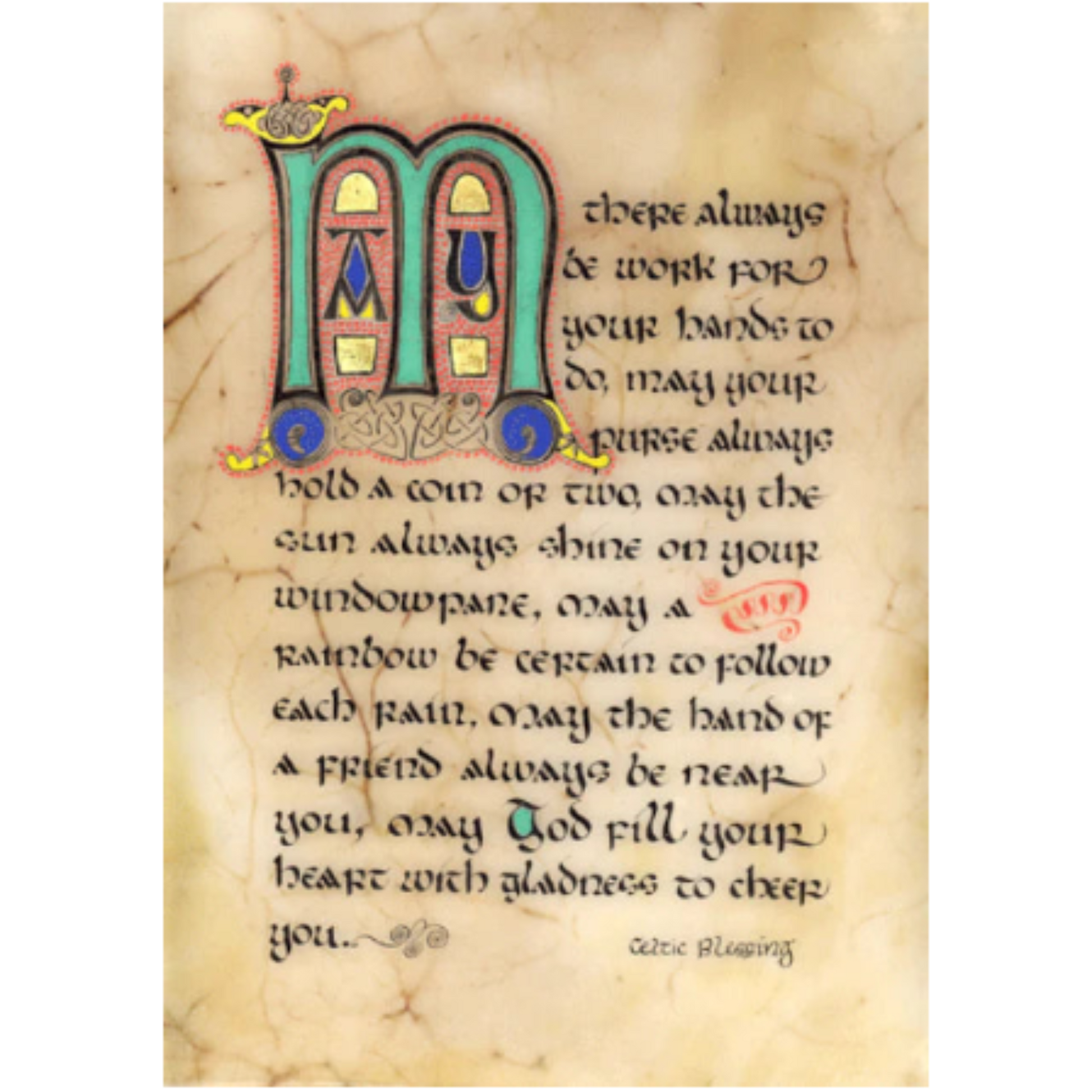 Decorative letter 'M' with Celtic-style text on a textured background