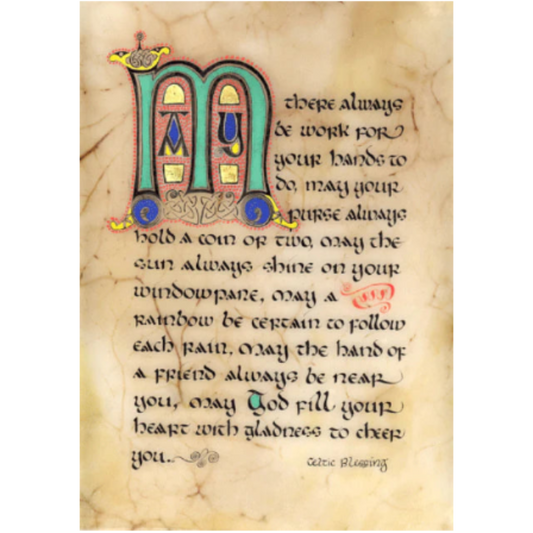Decorative letter 'M' with Celtic-style text on a textured background