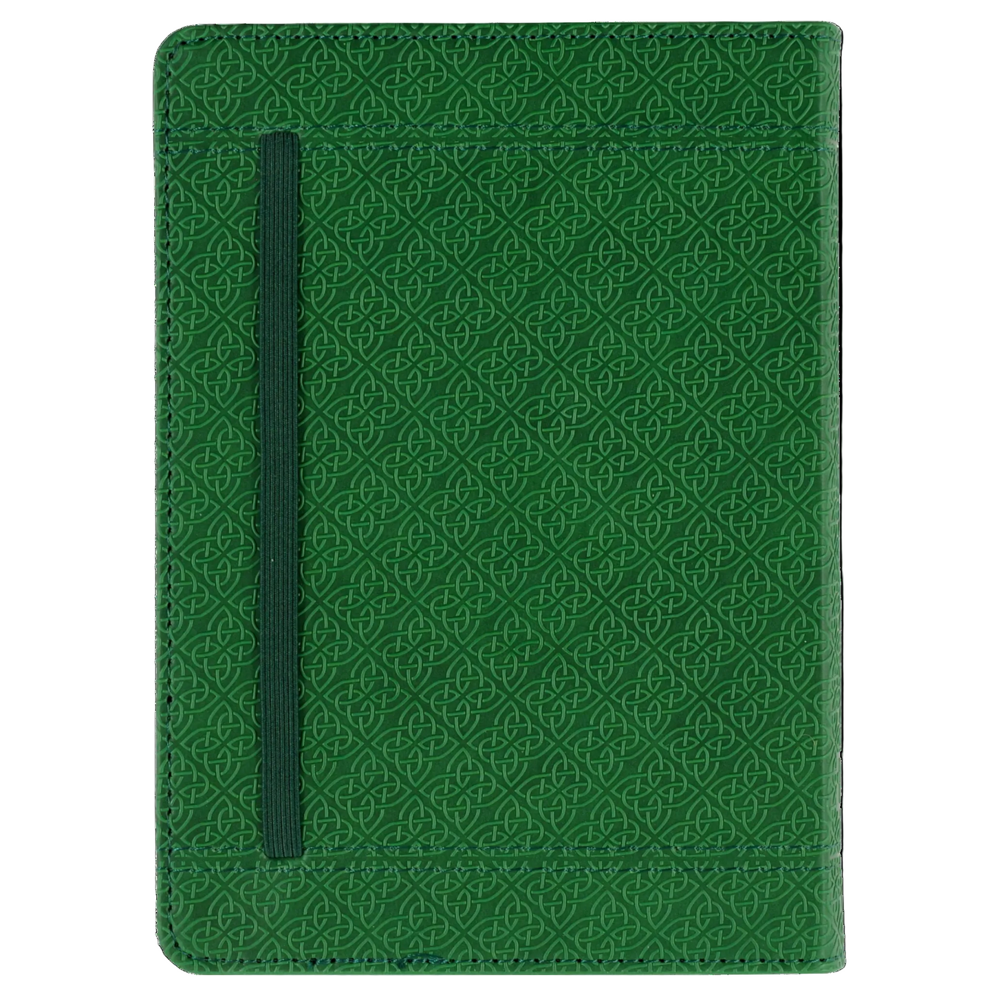 Green patterned notebook with a strap closure on a white background