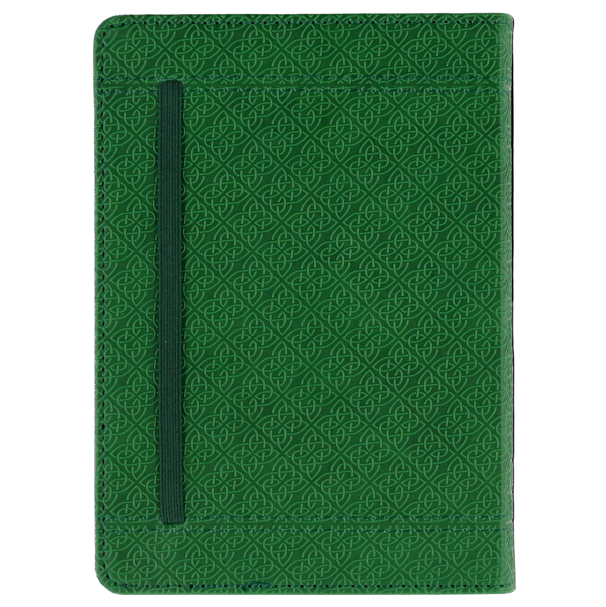 Green patterned notebook with a strap closure on a white background