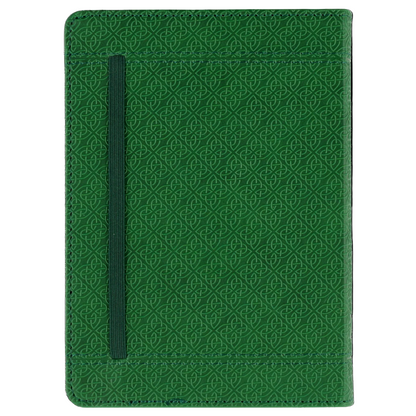 Green patterned notebook with a strap closure on a white background