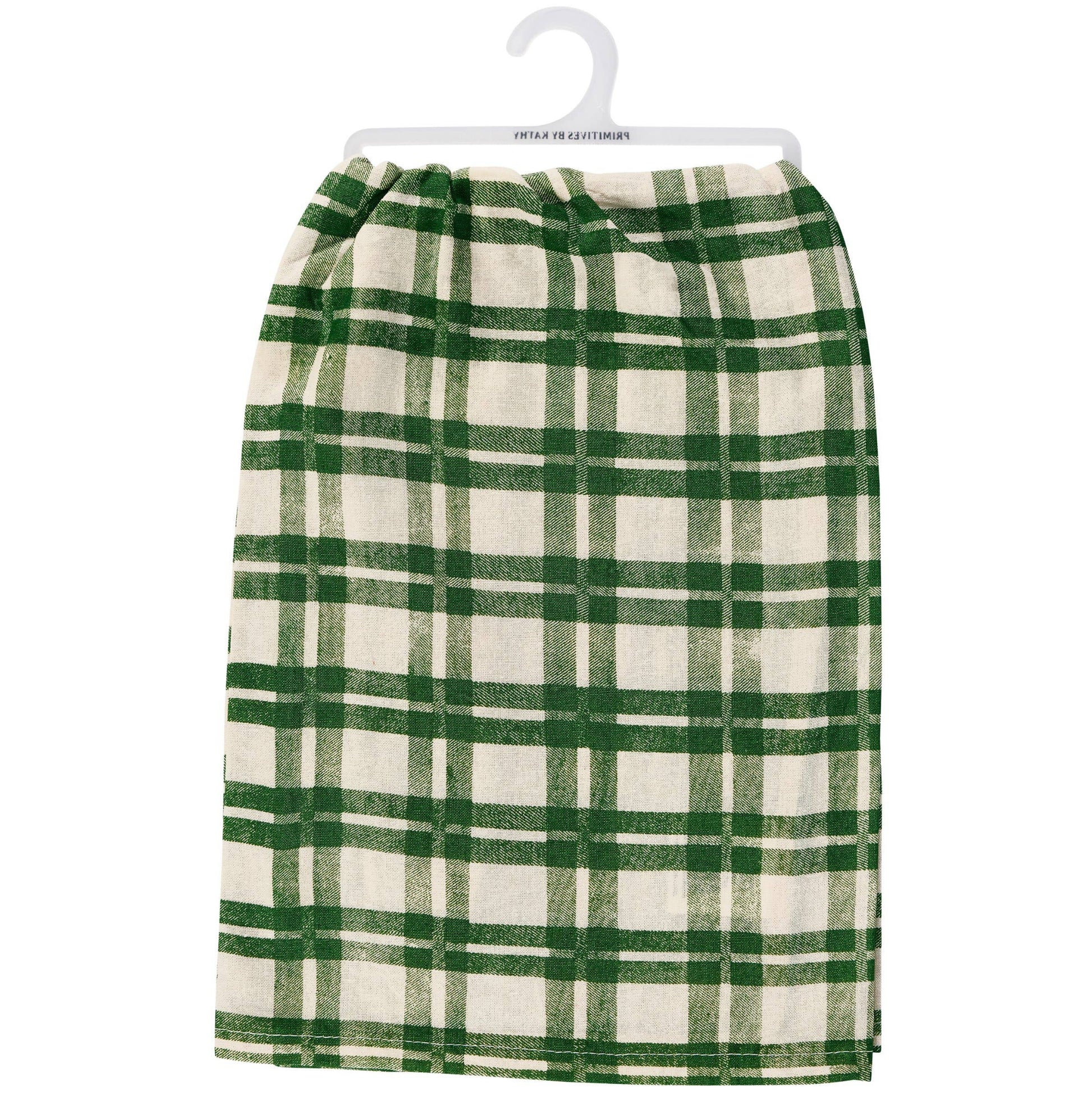 Green and white plaid skirt on a hanger against a white background
