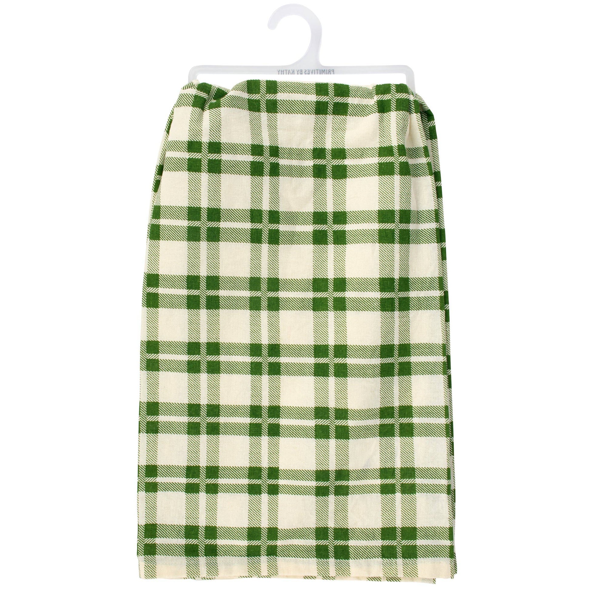 Green and white checkered towel on a hanger against a white background