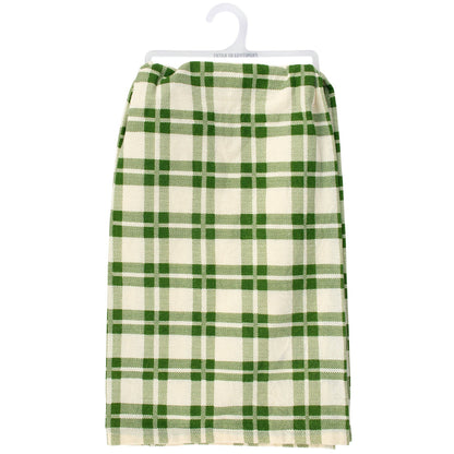Green and white checkered towel on a hanger against a white background