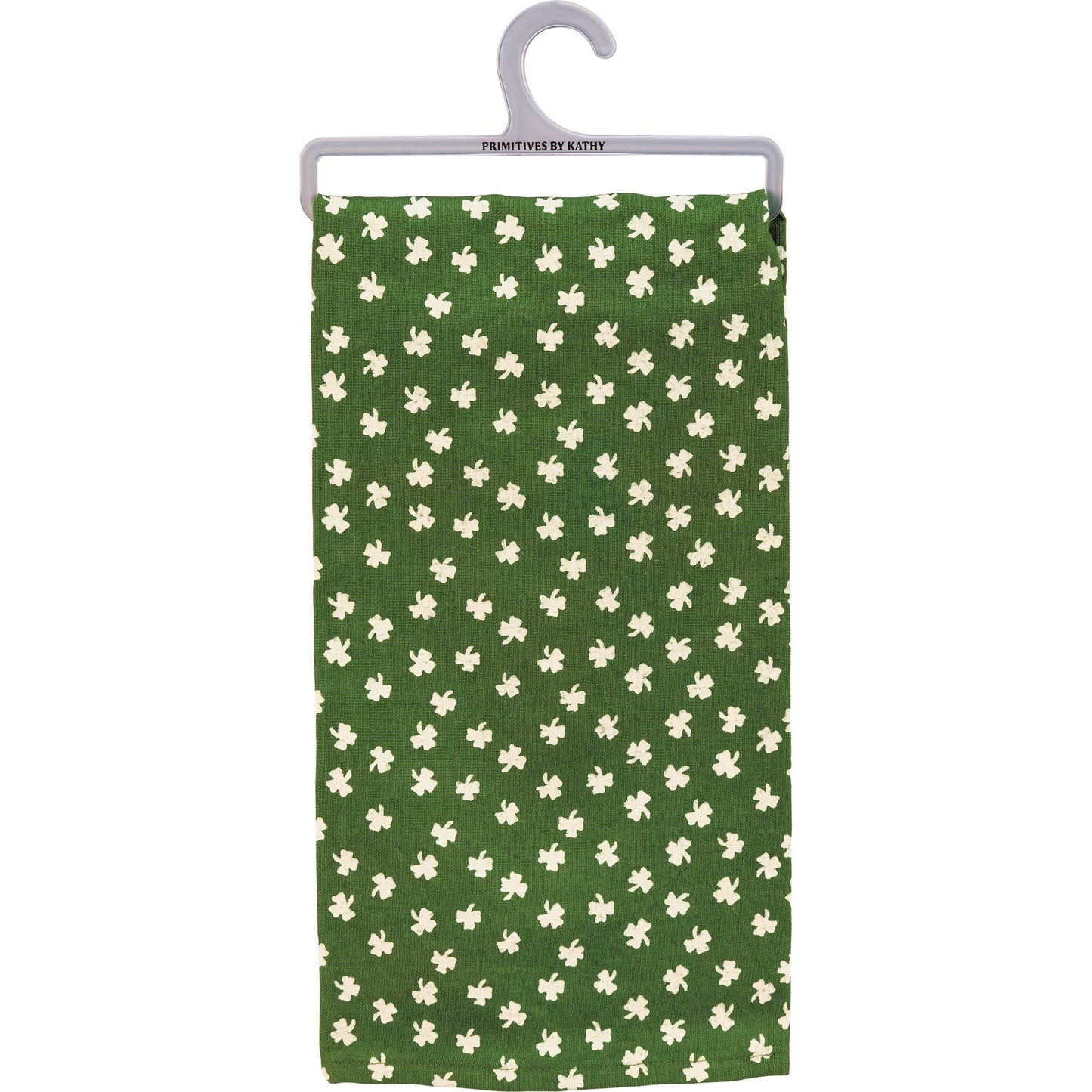 Green towel with white shamrock pattern on a hanger