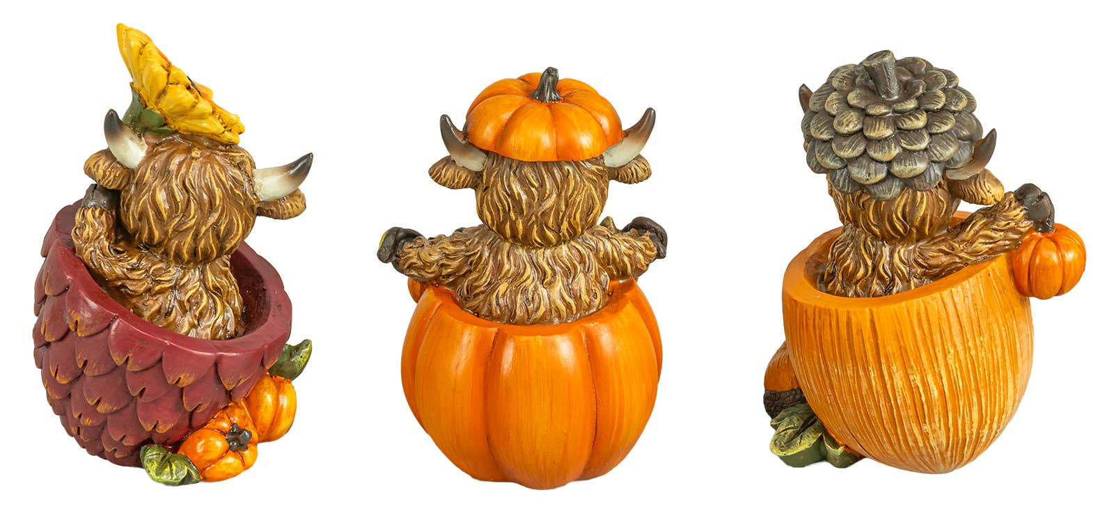 Three decorative Highland cow figurines sitting inside pumpkins, shown on a plain white background.