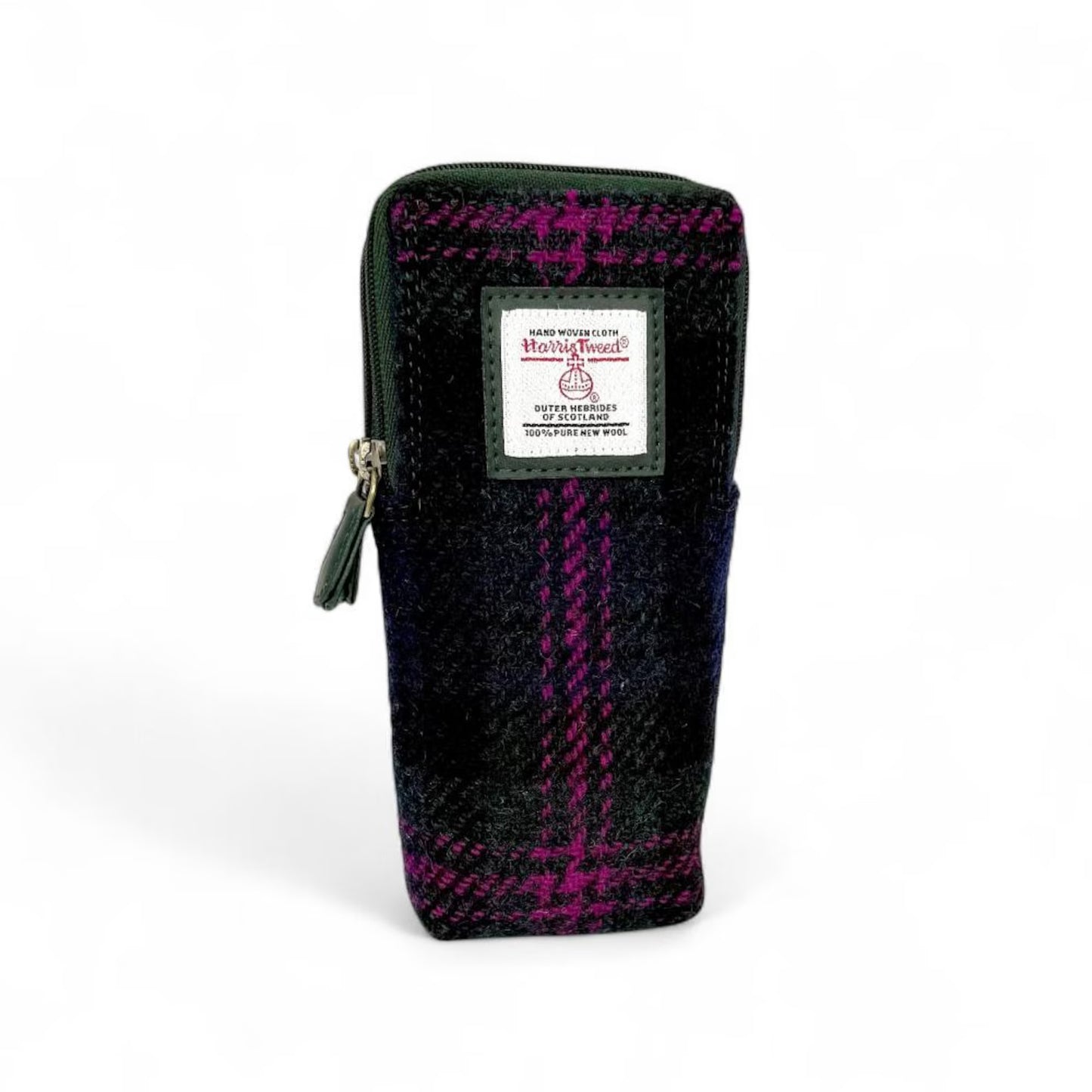 Harris Tweed pouch with pink and black pattern on a white background