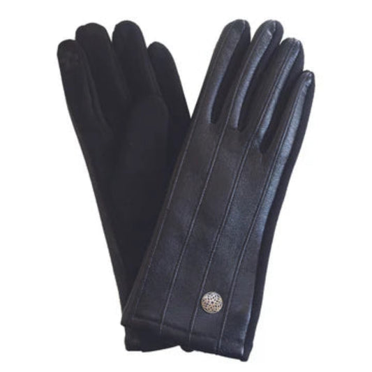 Pair of black leather gloves with a decorative button on a white background