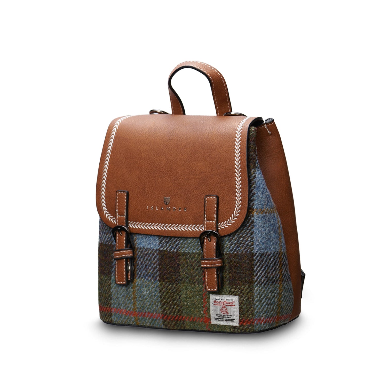 A blue and green Mini Jura backpack with a PU leather body and a Harris Tweed front panel, featuring a magnetic clasp, hidden zip pocket, reinforced handle, and adjustable shoulder straps.