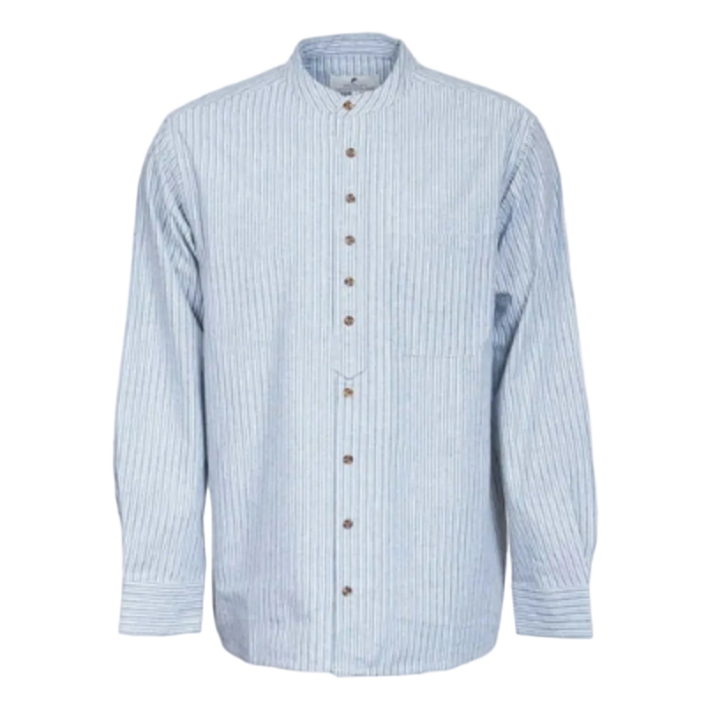 A vintage blue and white striped cotton grandfather shirt with a collar, buttons, and a patch pocket.