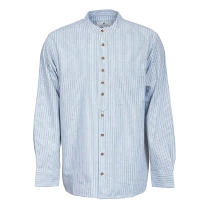 A vintage blue and white striped cotton grandfather shirt with a collar, buttons, and a patch pocket.
