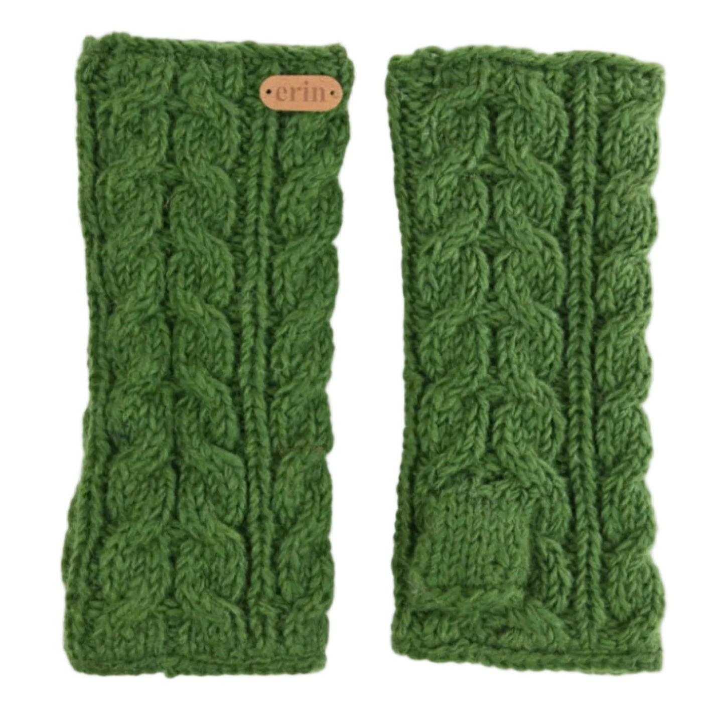 Pair of green knitted arm warmers with a brand label on a white background