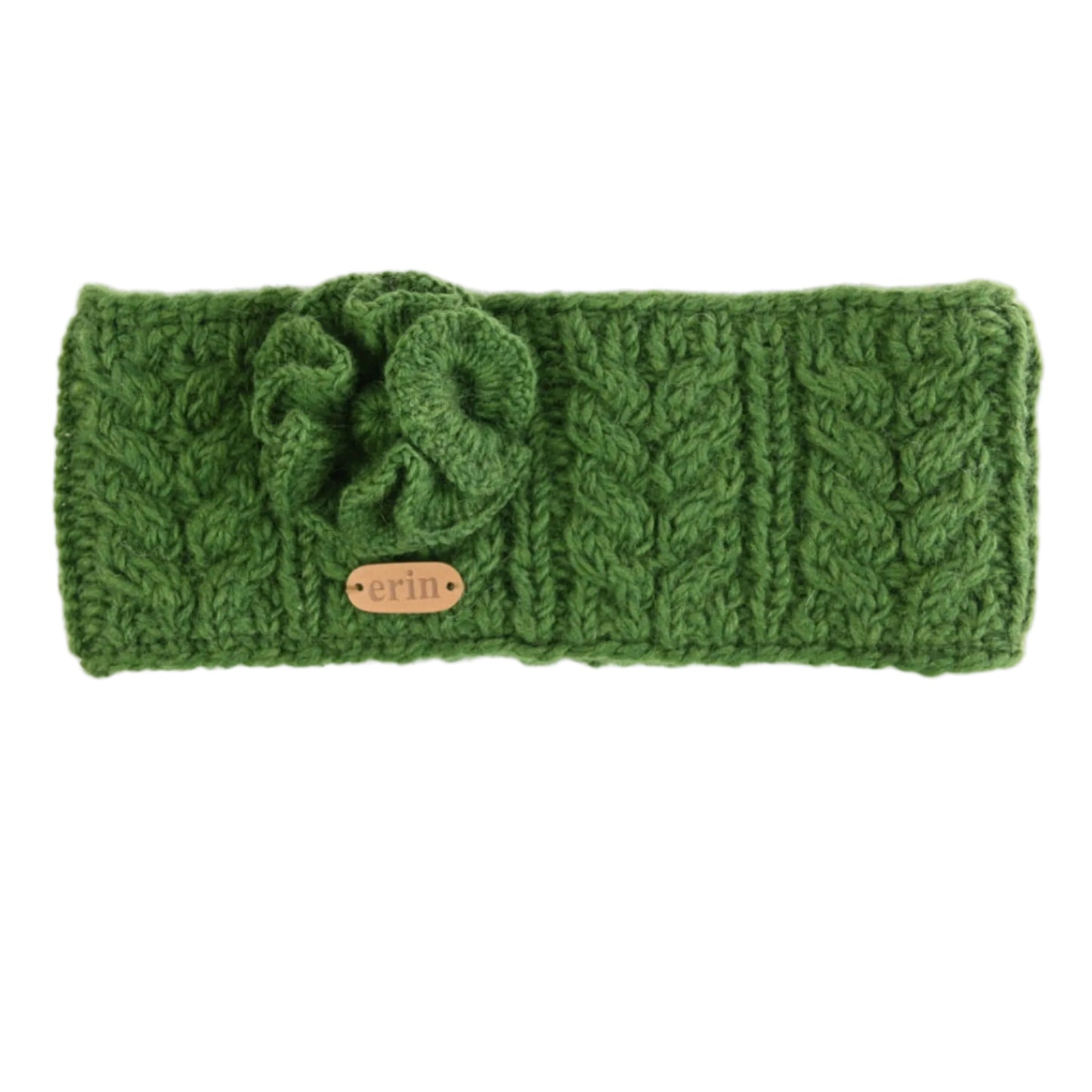 Green knitted headband with a brand label on a white background