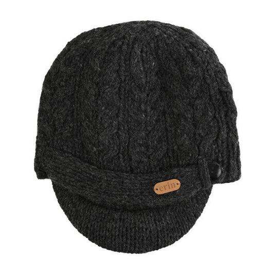 Dark gray knitted beanie with a brand label on a white background