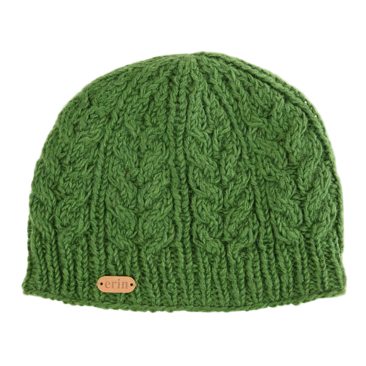 Green knitted beanie with a brand label on a white background