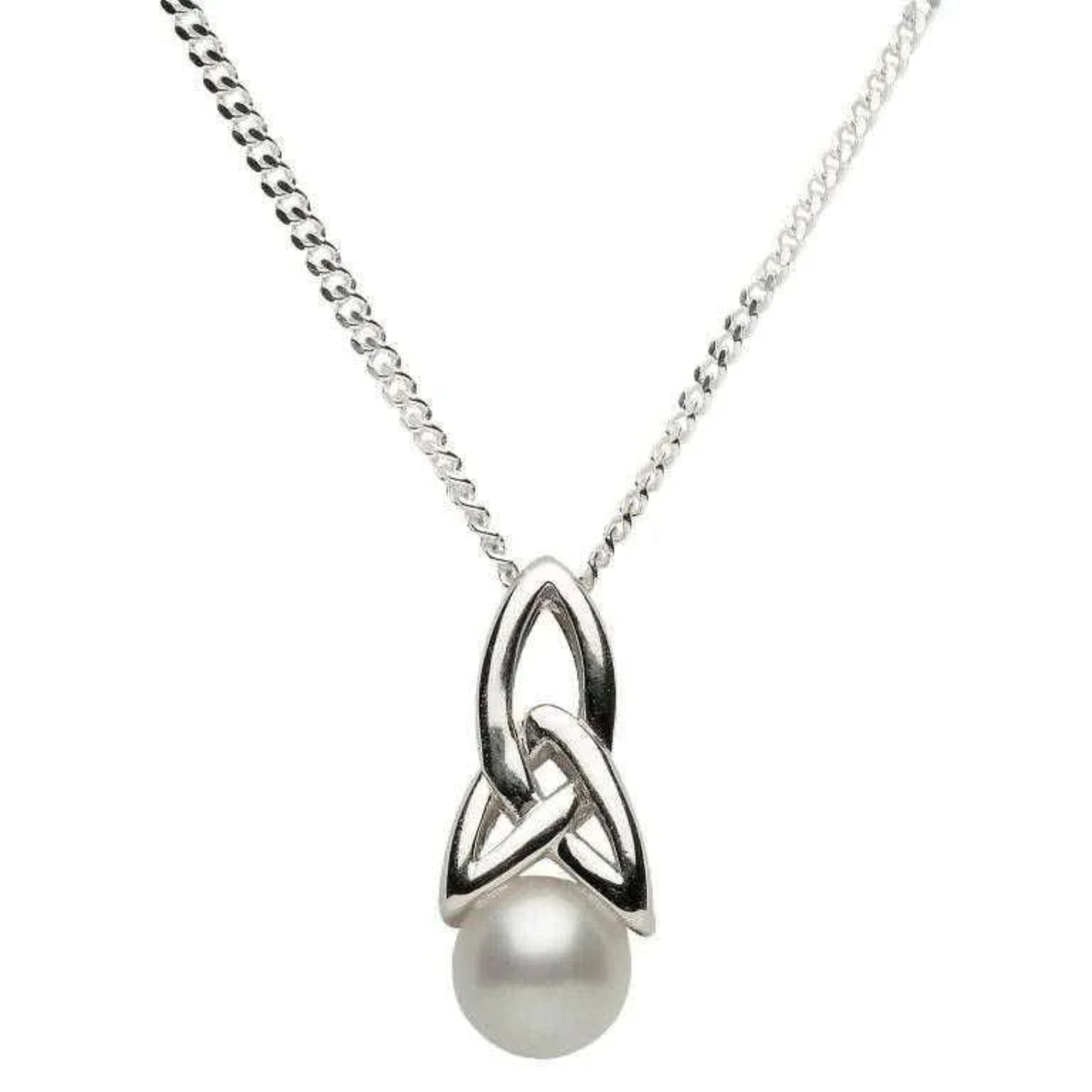 Silver necklace with a Trinity knot pendant and pearl on a white background
