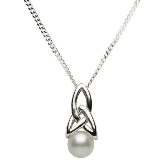 Silver necklace with a Trinity knot pendant and pearl on a white background