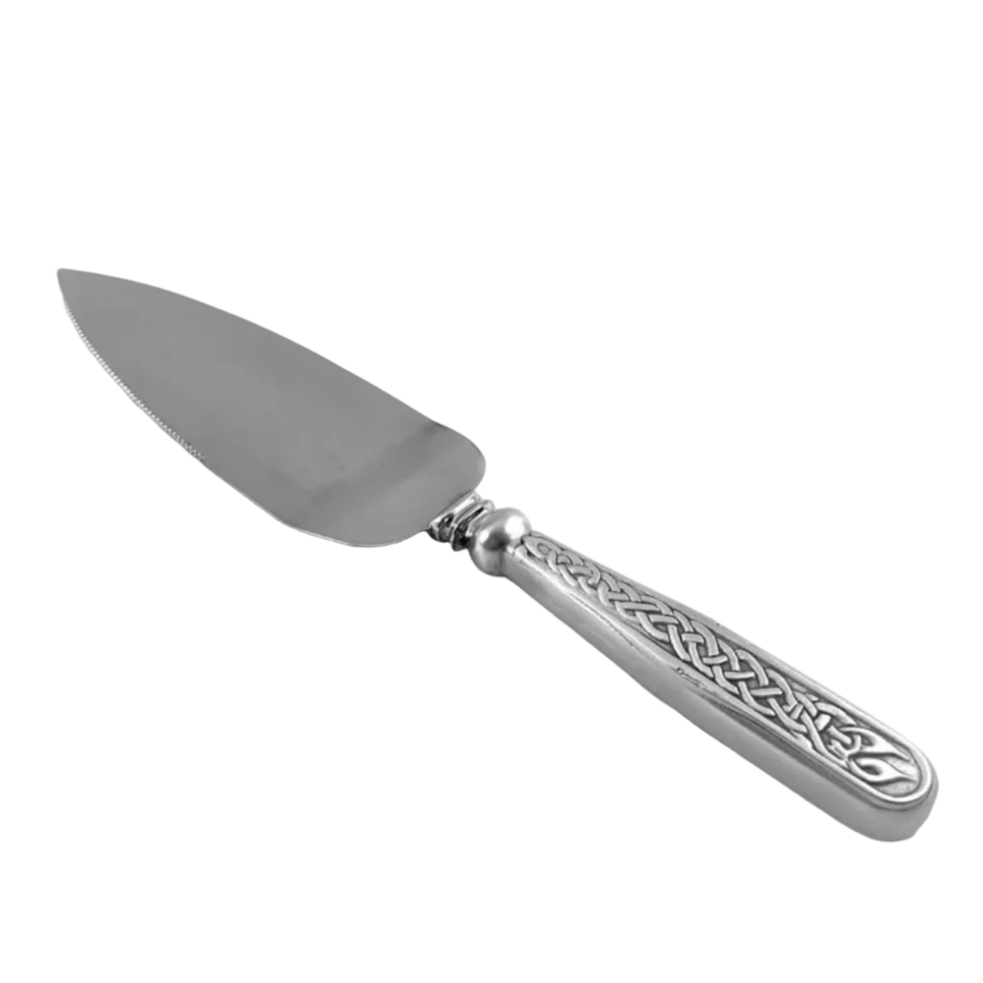 Silver cake server with decorative knotwork handle on a white background