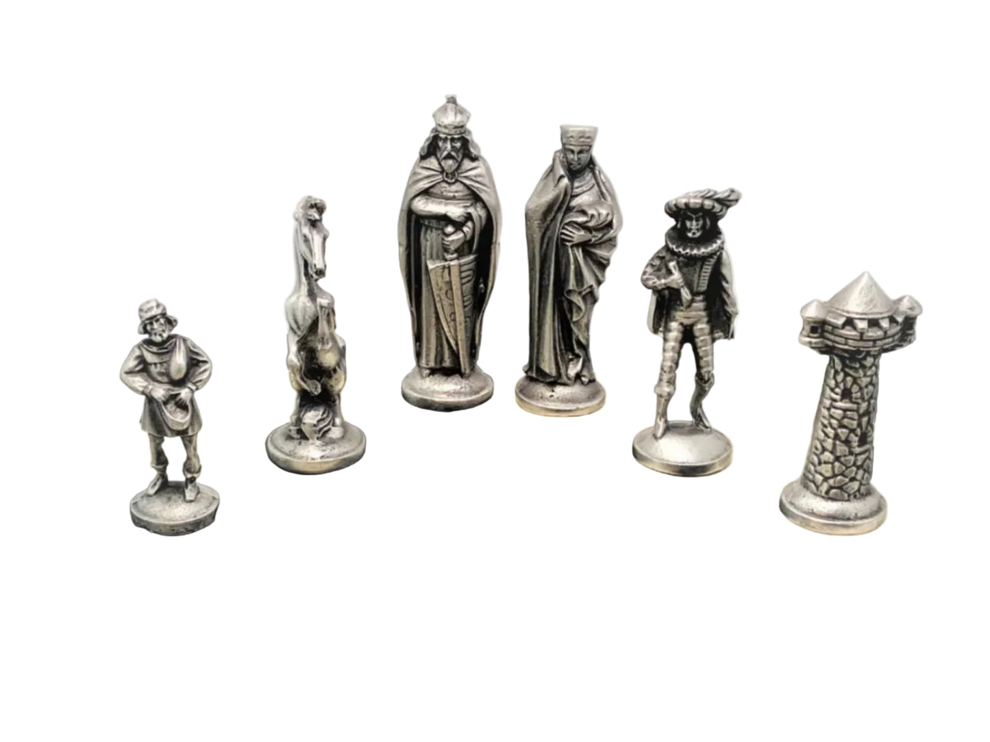 Silver chess pieces on a checkered chessboard