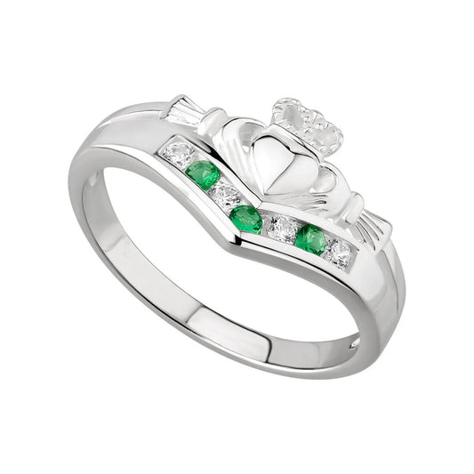 Silver ring with green gemstones and a heart design on a white background