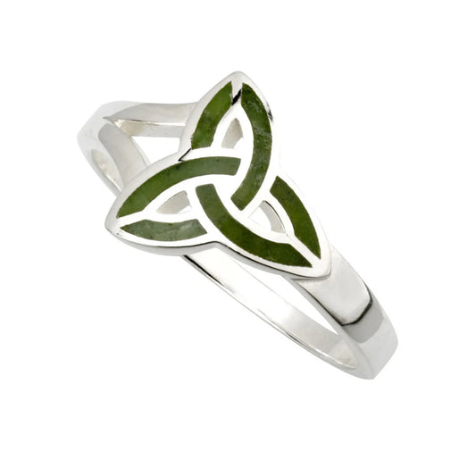 Silver ring with green Celtic knot design on a white background