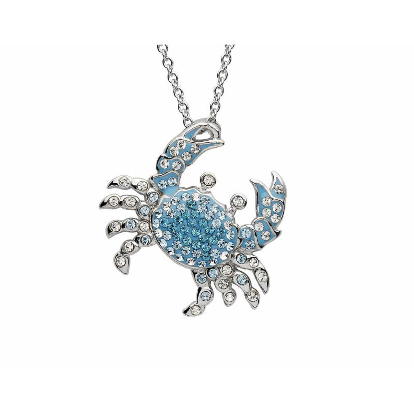 Blue crab-shaped pendant necklace on a white background