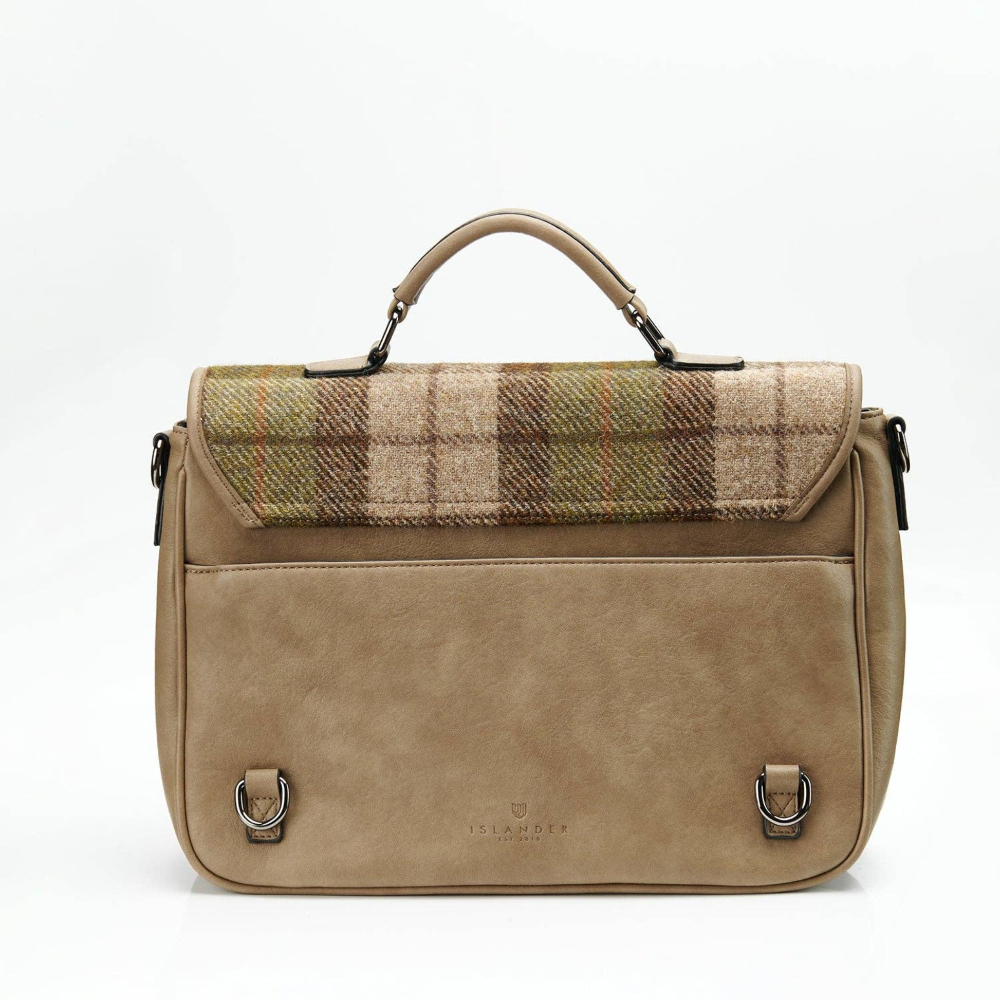 Tan leather satchel with plaid pattern on a white background