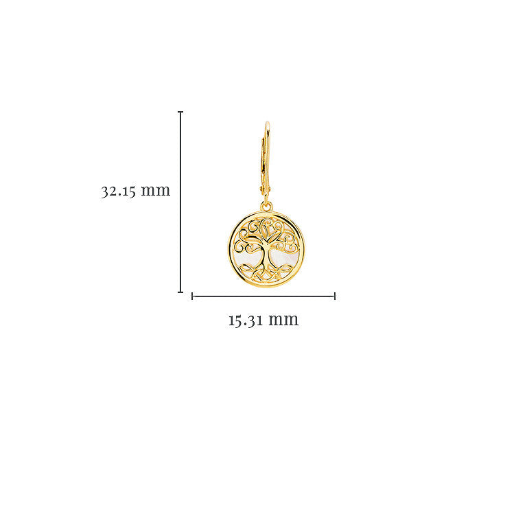 Gold earring with 'Tree of Life' design and measurements on a white background