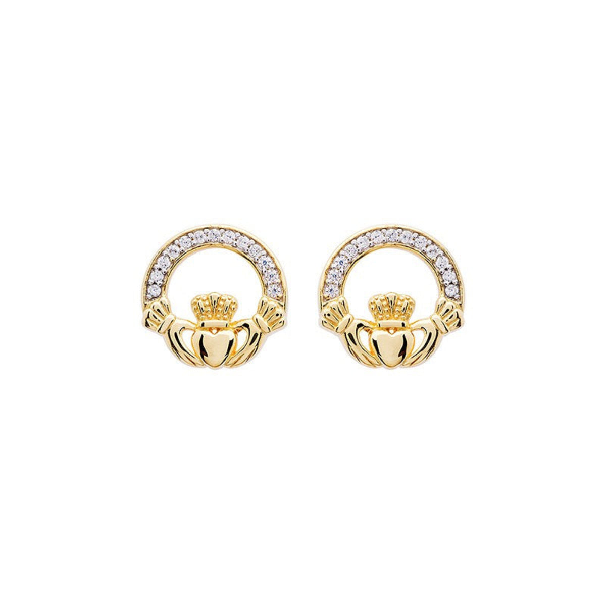 A pair of 14KT gold vermeil stud earrings with a Claddagh design and white cubic zirconias.