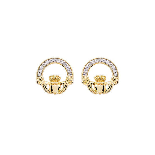 A pair of 14KT gold vermeil stud earrings with a Claddagh design and white cubic zirconias.