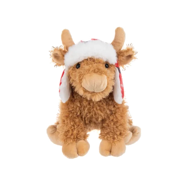 Plush toy reindeer with a Santa hat on a white background