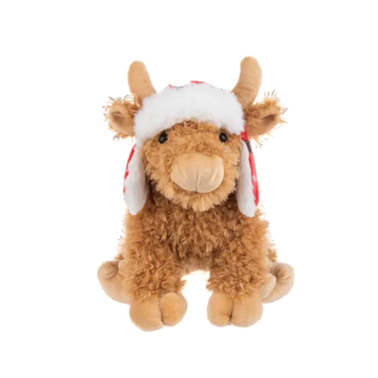 Plush toy reindeer with a Santa hat on a white background