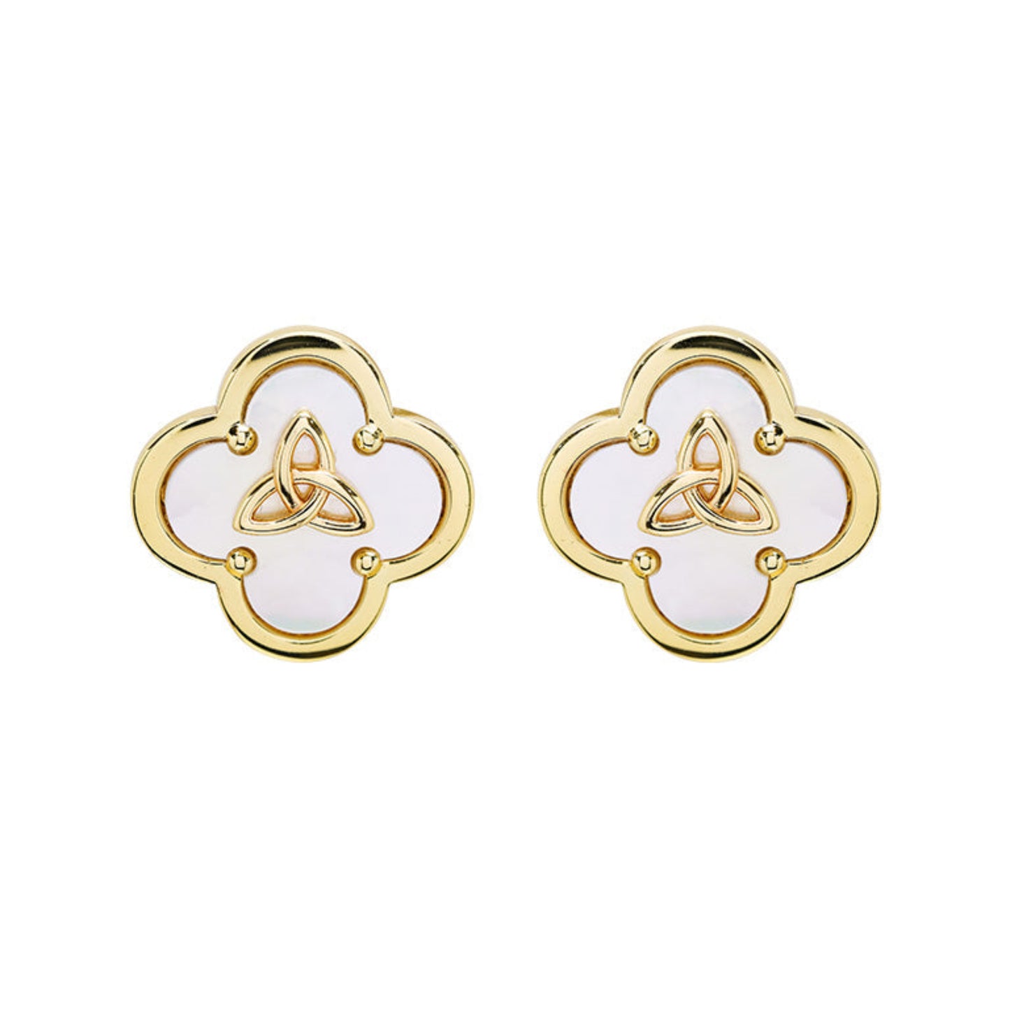 A pair of gold-toned four-leaf clover stud earrings with white inlay and a central gold triquetra symbol, shown on a plain white background.