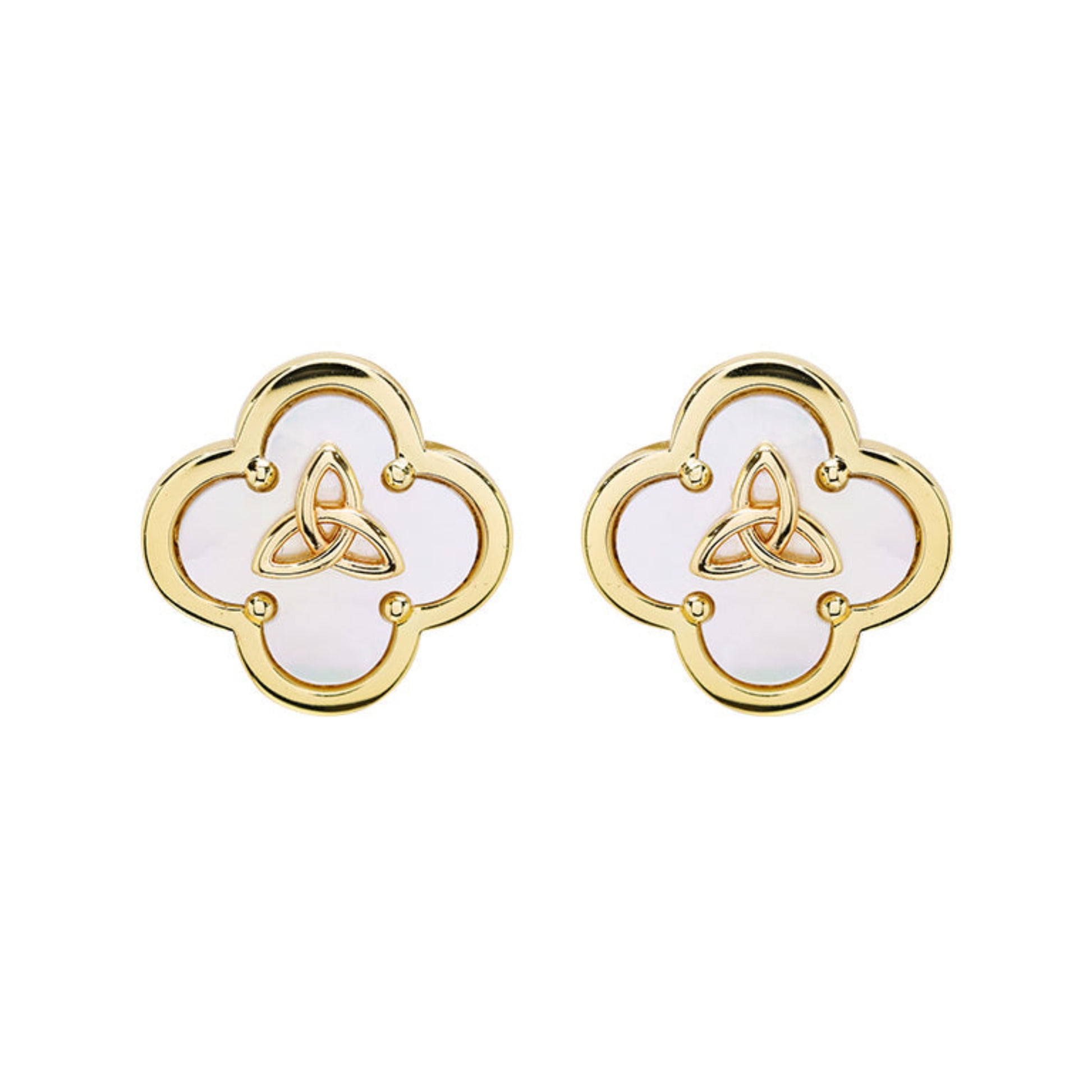 A pair of gold-toned four-leaf clover stud earrings with white inlay and a central gold triquetra symbol, shown on a plain white background.
