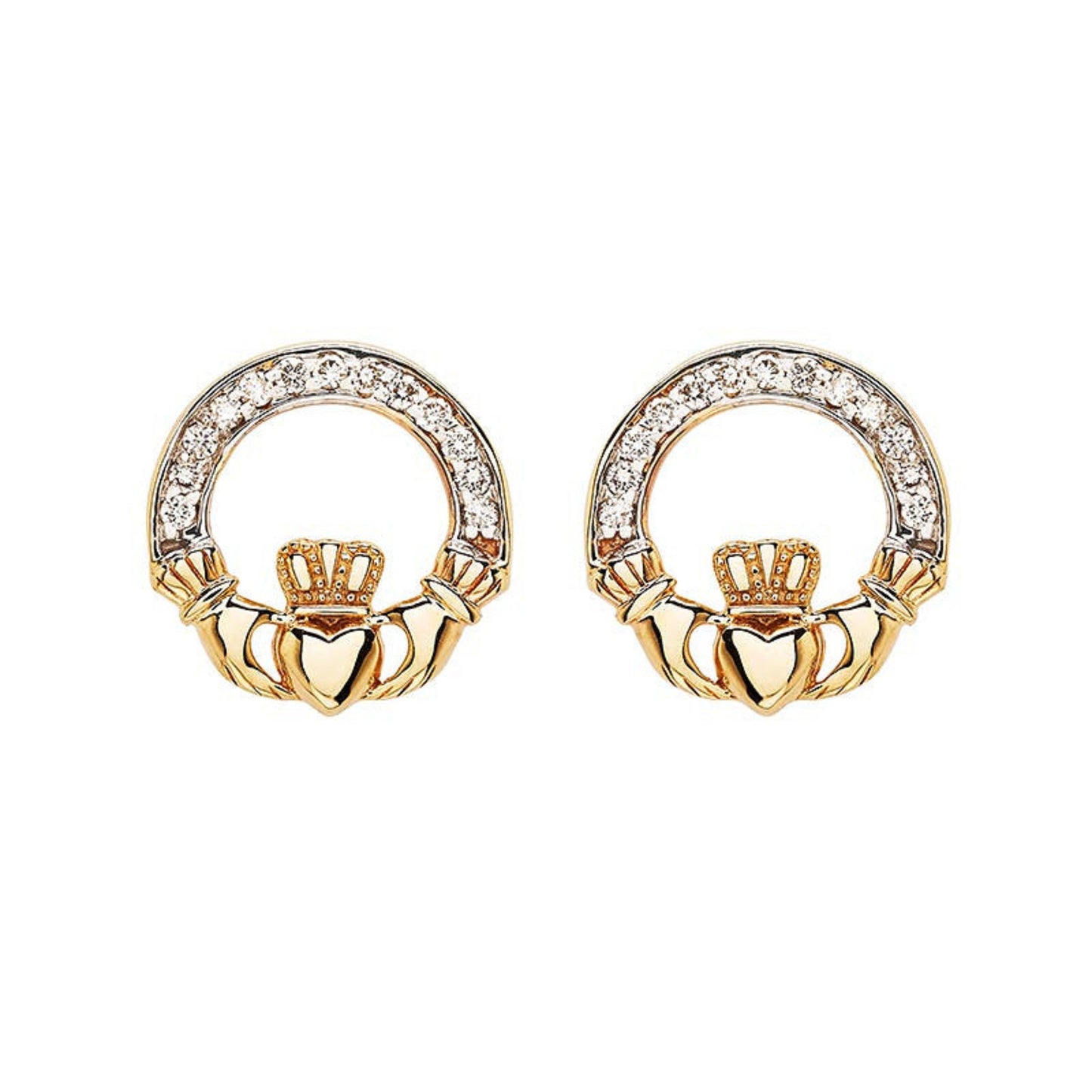 Gold claddagh earrings with diamond channel on a white background.