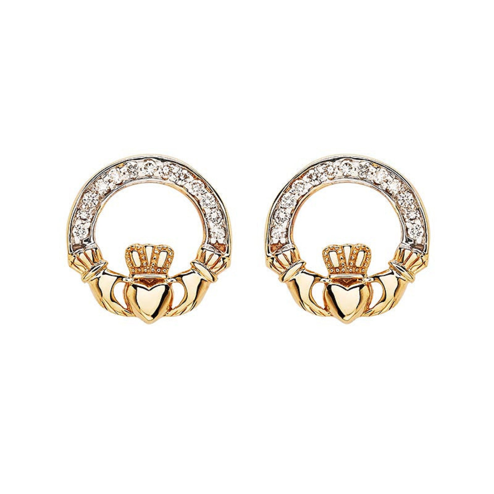 Gold claddagh earrings with diamond channel on a white background.