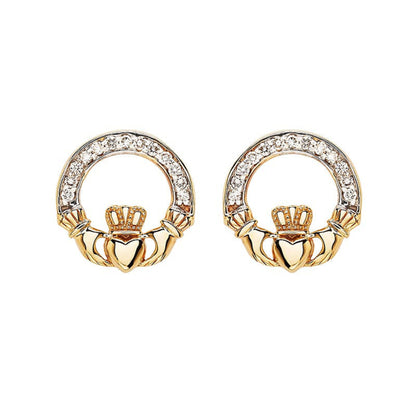 Gold claddagh earrings with diamond channel on a white background.
