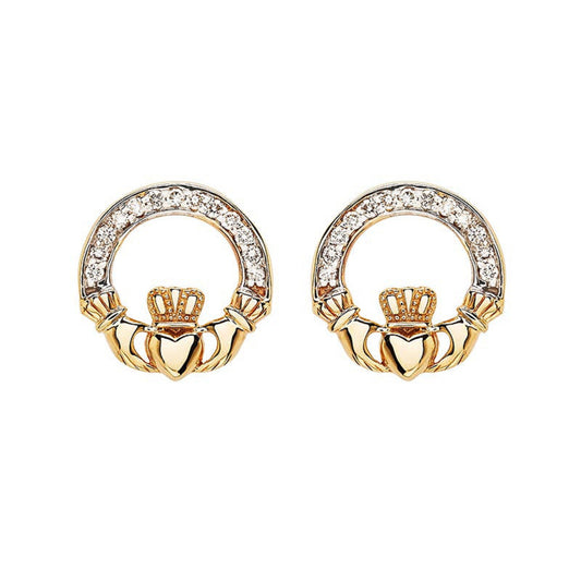 Gold claddagh earrings with diamond channel on a white background.