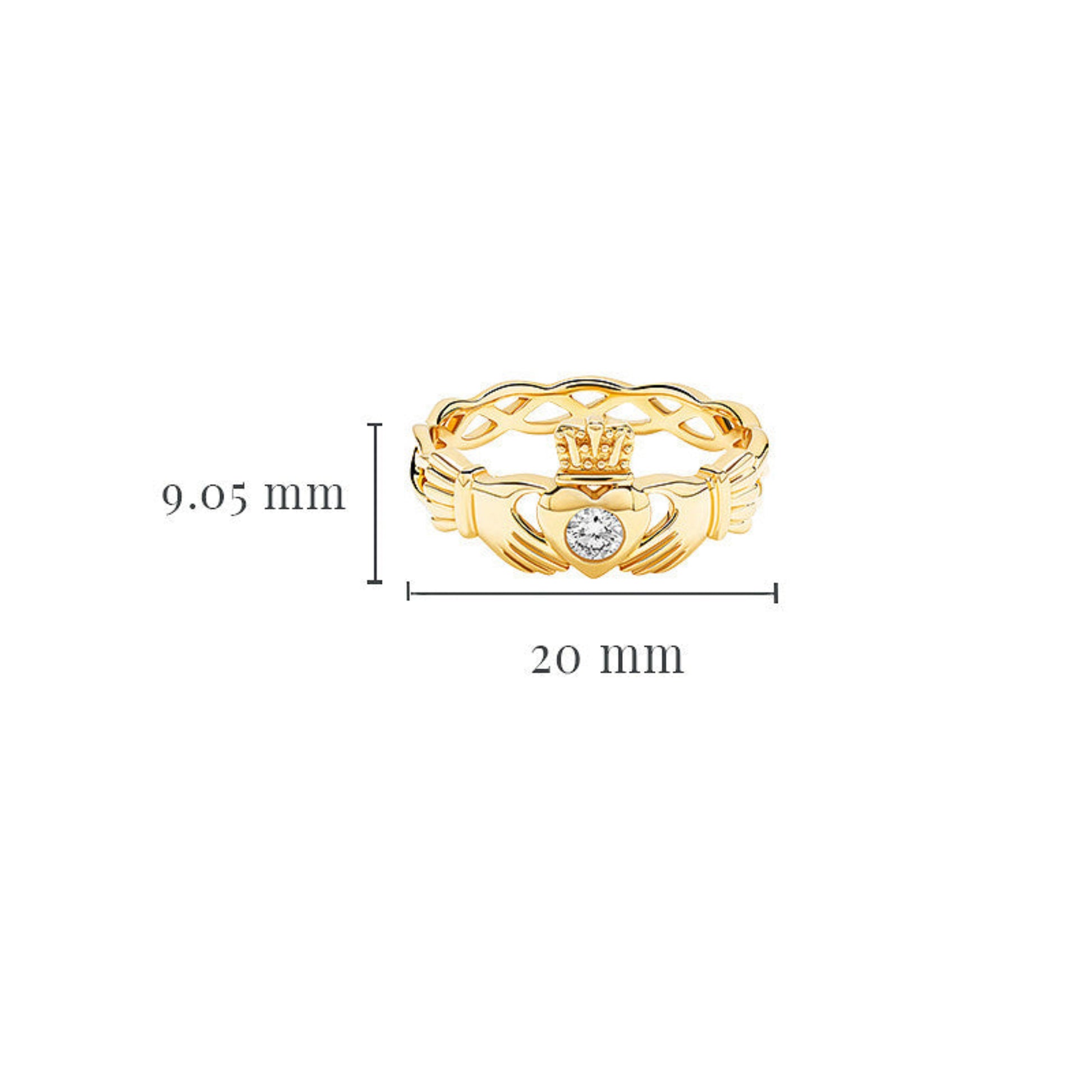 Gold claddagh ring measuring 9.05 millimeters tall and 20 millimeters wide.