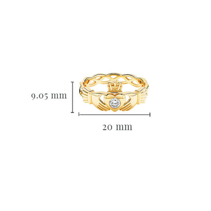 Gold claddagh ring measuring 9.05 millimeters tall and 20 millimeters wide.