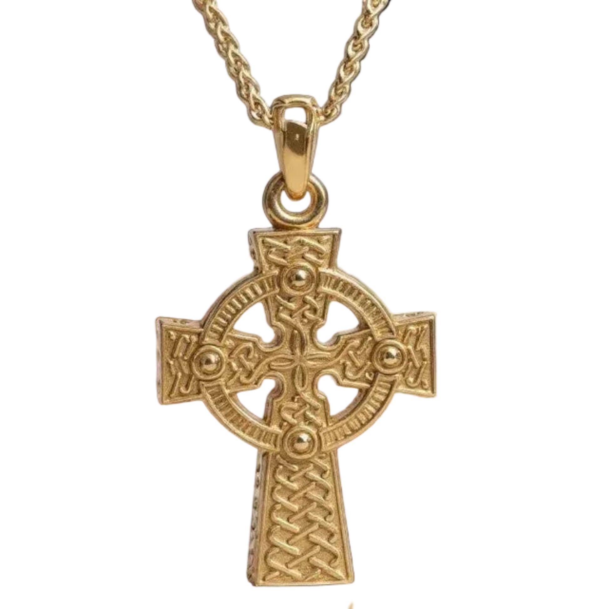 Intricately carved golden Celtic cross pendant on a chain necklace.