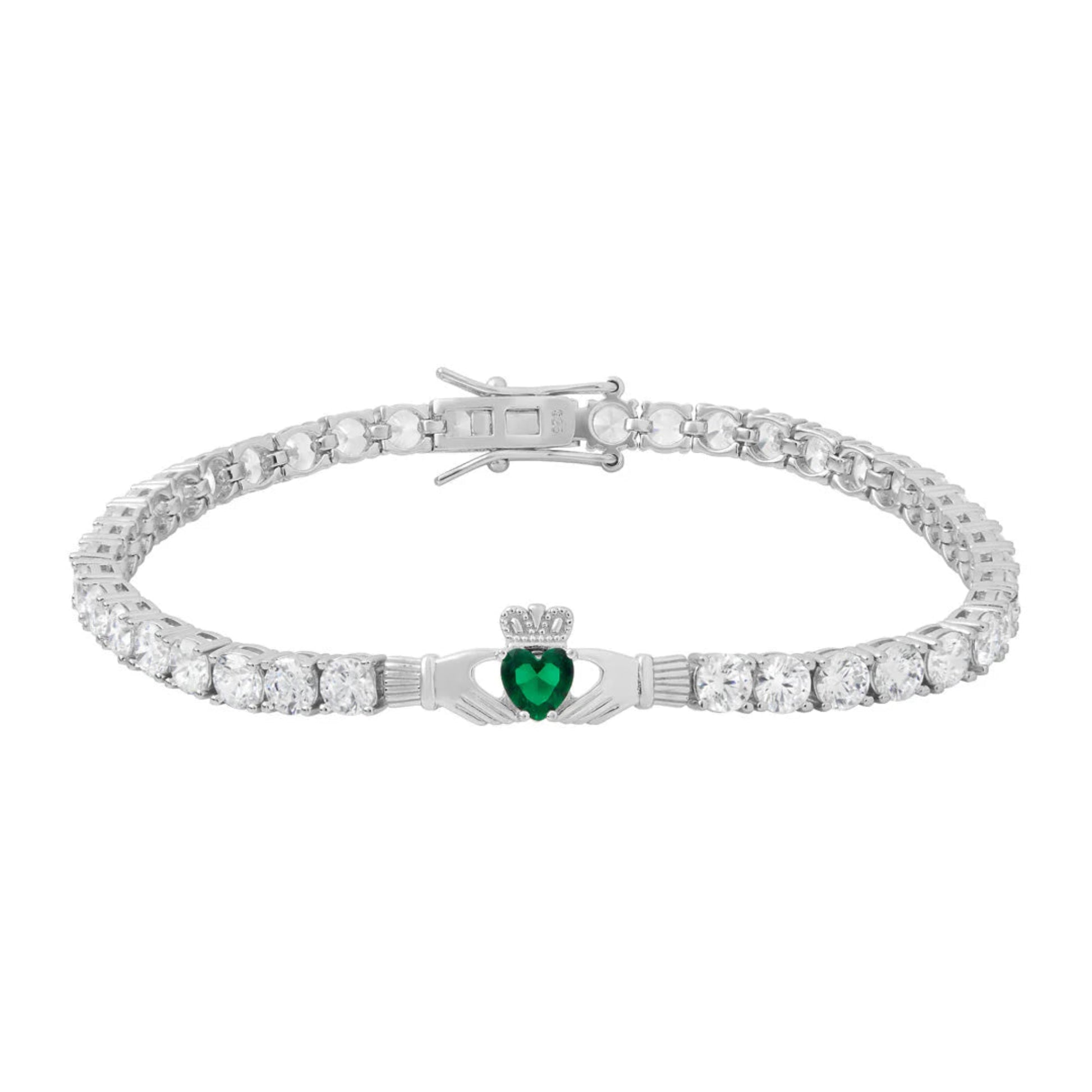 Silver bracelet with a heart-shaped green gemstone on a white background