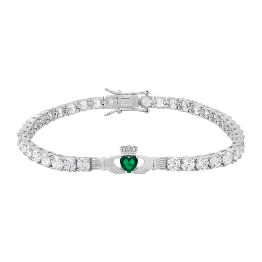Silver bracelet with a heart-shaped green gemstone on a white background