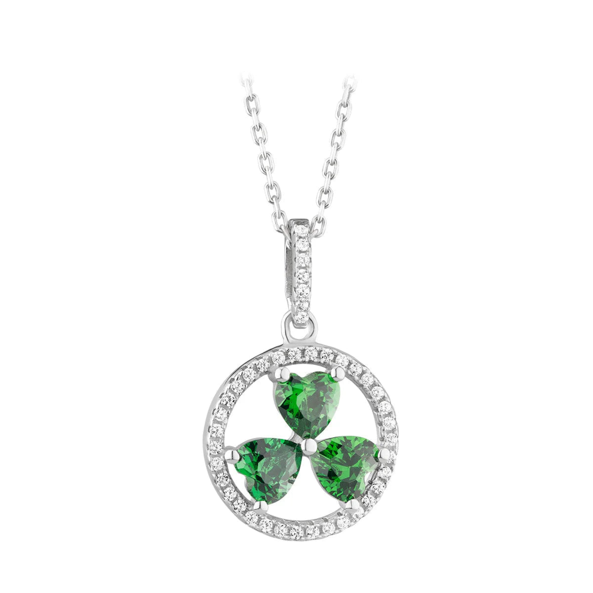 green-cz-silver-shamrock-circle-necklace